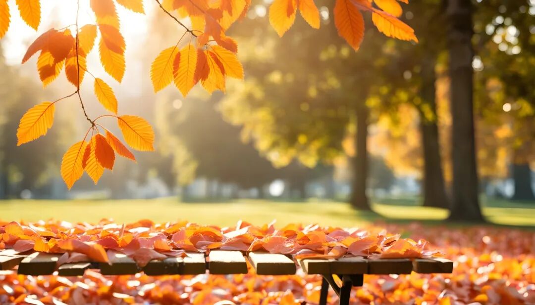 千库网_沐浴在阳光下的宁静秋季公园里质朴的木桌在落叶_摄影图编号21696287.jpeg